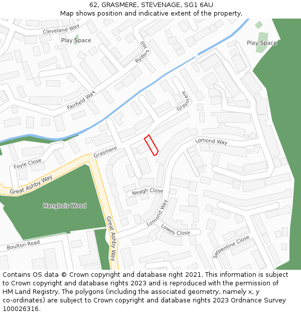 62, GRASMERE, STEVENAGE, SG1 6AU: Location map and indicative extent of plot