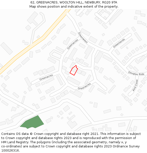 62, GREENACRES, WOOLTON HILL, NEWBURY, RG20 9TA: Location map and indicative extent of plot