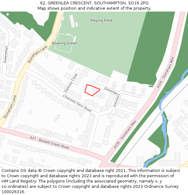 62, GREENLEA CRESCENT, SOUTHAMPTON, SO16 2PG: Location map and indicative extent of plot