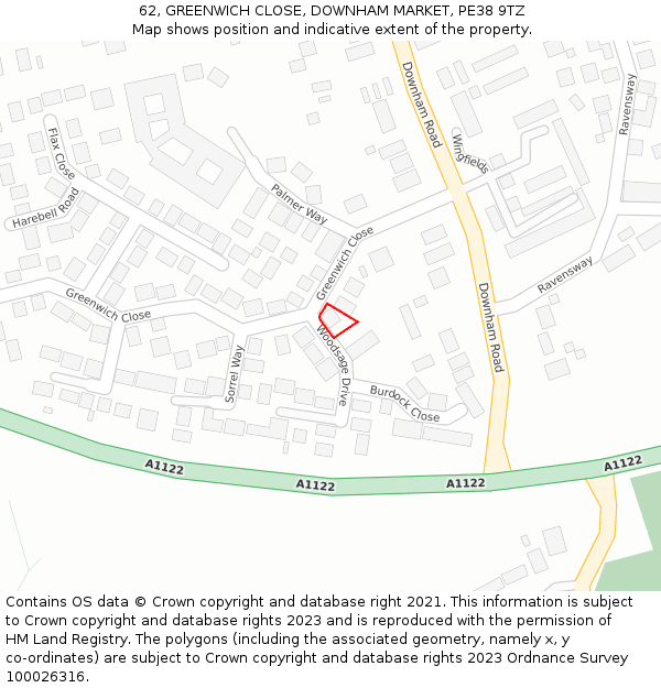 62, GREENWICH CLOSE, DOWNHAM MARKET, PE38 9TZ: Location map and indicative extent of plot