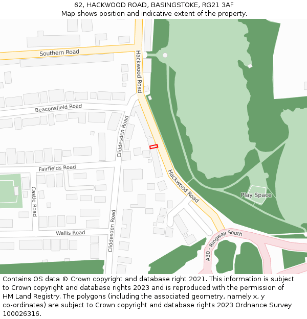 62, HACKWOOD ROAD, BASINGSTOKE, RG21 3AF: Location map and indicative extent of plot