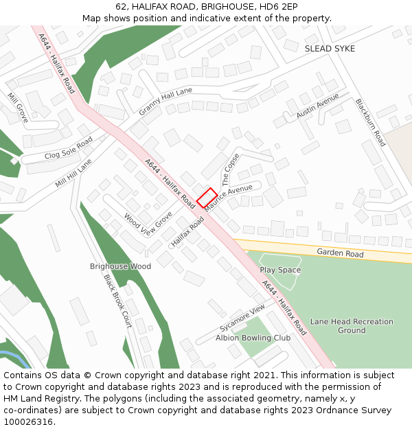 62, HALIFAX ROAD, BRIGHOUSE, HD6 2EP: Location map and indicative extent of plot