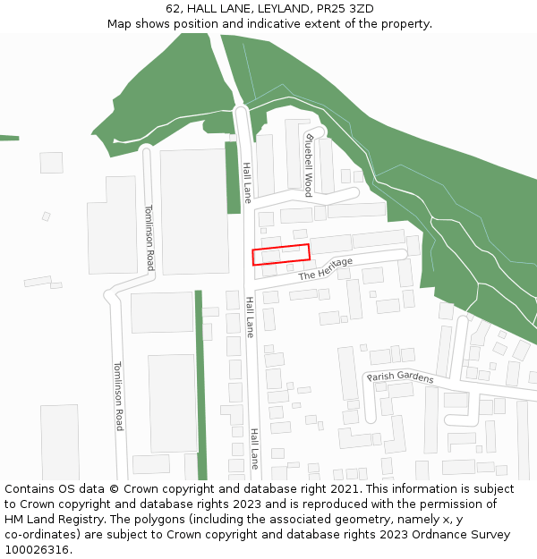 62, HALL LANE, LEYLAND, PR25 3ZD: Location map and indicative extent of plot