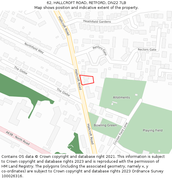 62, HALLCROFT ROAD, RETFORD, DN22 7LB: Location map and indicative extent of plot