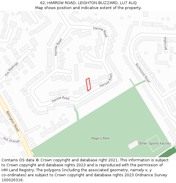62, HARROW ROAD, LEIGHTON BUZZARD, LU7 4UQ: Location map and indicative extent of plot
