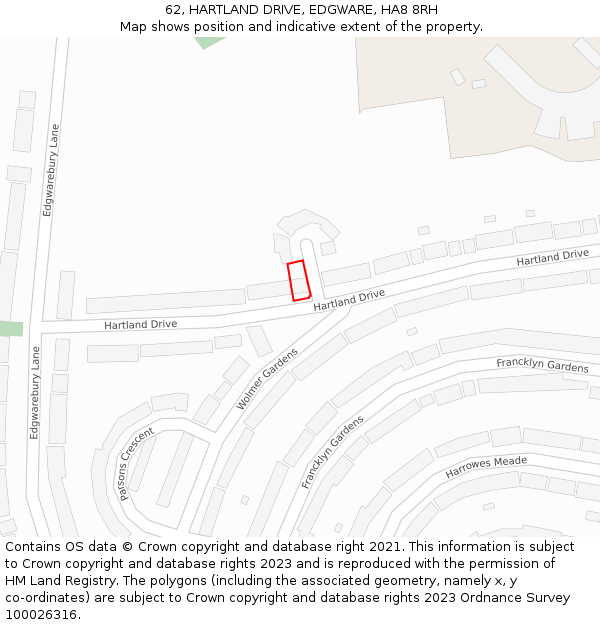 62, HARTLAND DRIVE, EDGWARE, HA8 8RH: Location map and indicative extent of plot