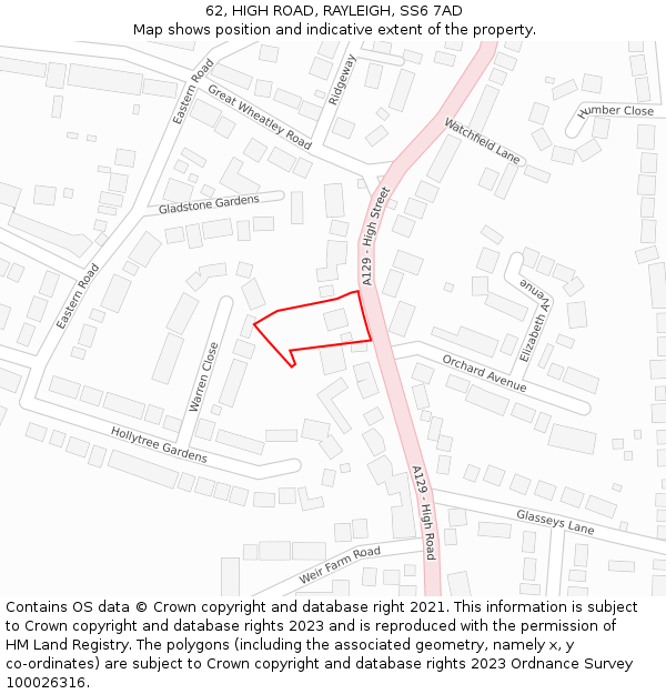 62, HIGH ROAD, RAYLEIGH, SS6 7AD: Location map and indicative extent of plot
