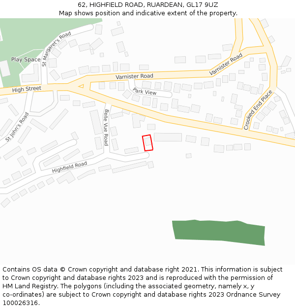 62, HIGHFIELD ROAD, RUARDEAN, GL17 9UZ: Location map and indicative extent of plot