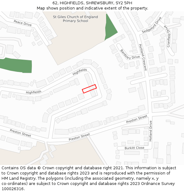 62, HIGHFIELDS, SHREWSBURY, SY2 5PH: Location map and indicative extent of plot