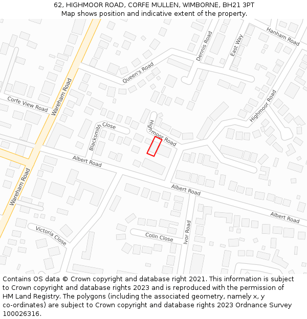 62, HIGHMOOR ROAD, CORFE MULLEN, WIMBORNE, BH21 3PT: Location map and indicative extent of plot