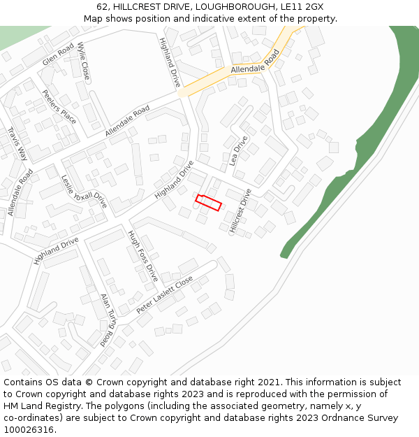 62, HILLCREST DRIVE, LOUGHBOROUGH, LE11 2GX: Location map and indicative extent of plot
