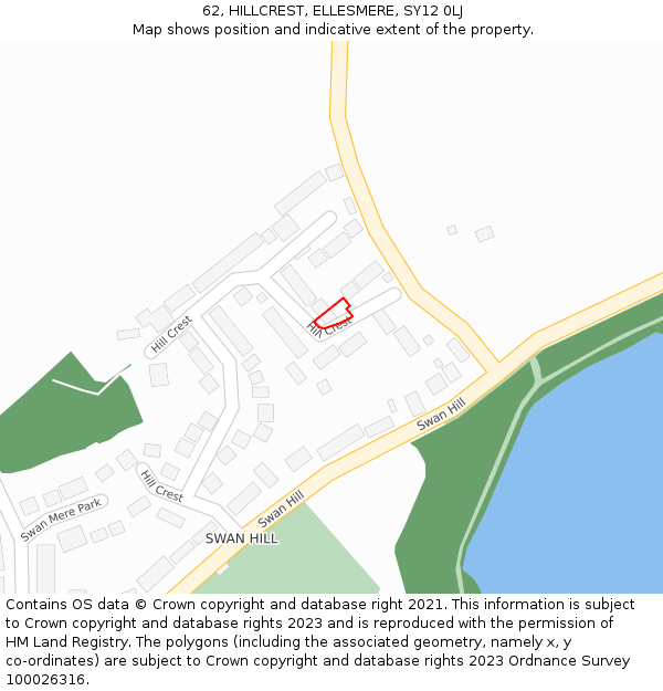 62, HILLCREST, ELLESMERE, SY12 0LJ: Location map and indicative extent of plot