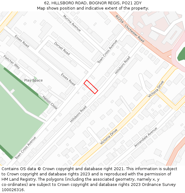 62, HILLSBORO ROAD, BOGNOR REGIS, PO21 2DY: Location map and indicative extent of plot