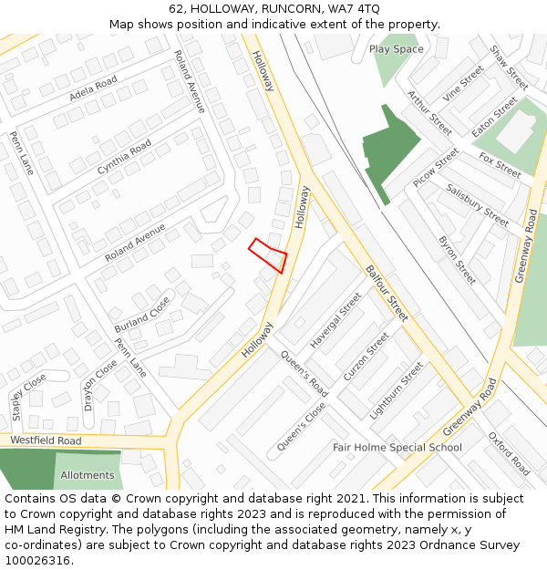 62, HOLLOWAY, RUNCORN, WA7 4TQ: Location map and indicative extent of plot