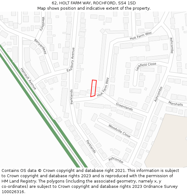 62, HOLT FARM WAY, ROCHFORD, SS4 1SD: Location map and indicative extent of plot