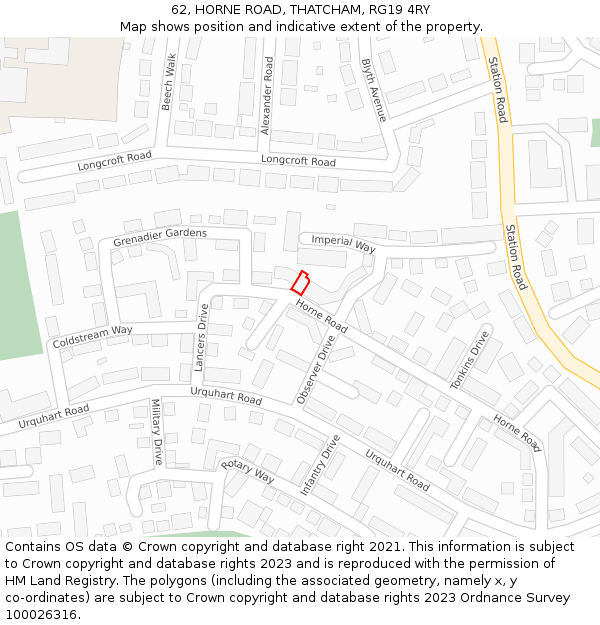 62, HORNE ROAD, THATCHAM, RG19 4RY: Location map and indicative extent of plot