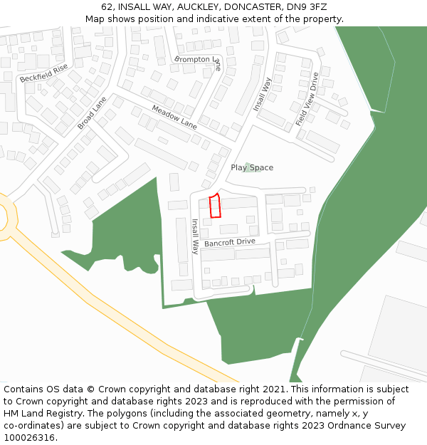 62, INSALL WAY, AUCKLEY, DONCASTER, DN9 3FZ: Location map and indicative extent of plot