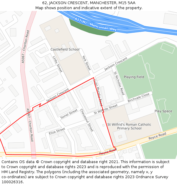 62, JACKSON CRESCENT, MANCHESTER, M15 5AA: Location map and indicative extent of plot