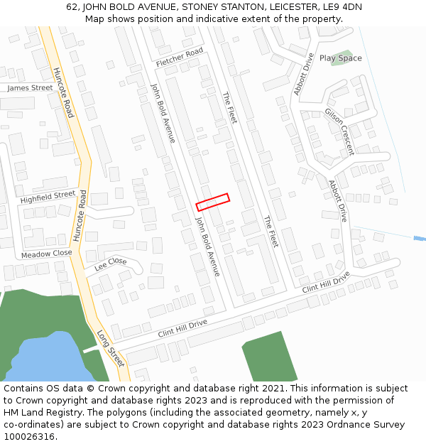 62, JOHN BOLD AVENUE, STONEY STANTON, LEICESTER, LE9 4DN: Location map and indicative extent of plot