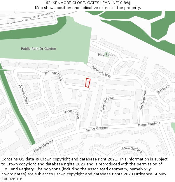 62, KENMORE CLOSE, GATESHEAD, NE10 8WJ: Location map and indicative extent of plot