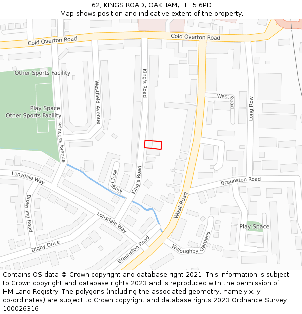 62, KINGS ROAD, OAKHAM, LE15 6PD: Location map and indicative extent of plot