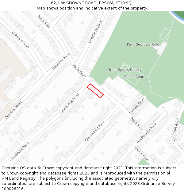 62, LANSDOWNE ROAD, EPSOM, KT19 9QL: Location map and indicative extent of plot