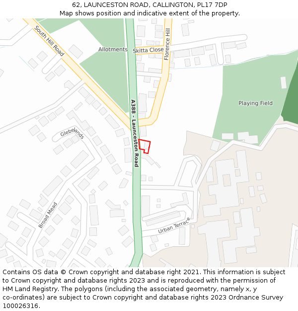 62, LAUNCESTON ROAD, CALLINGTON, PL17 7DP: Location map and indicative extent of plot