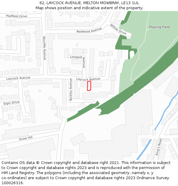 62, LAYCOCK AVENUE, MELTON MOWBRAY, LE13 1UL: Location map and indicative extent of plot