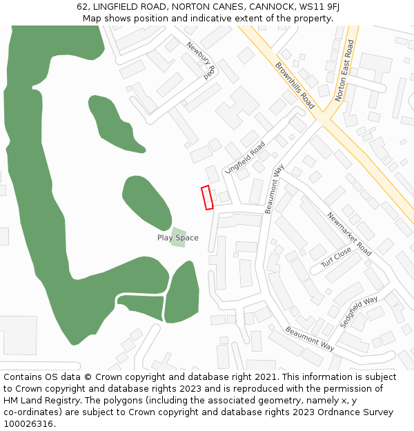 62, LINGFIELD ROAD, NORTON CANES, CANNOCK, WS11 9FJ: Location map and indicative extent of plot