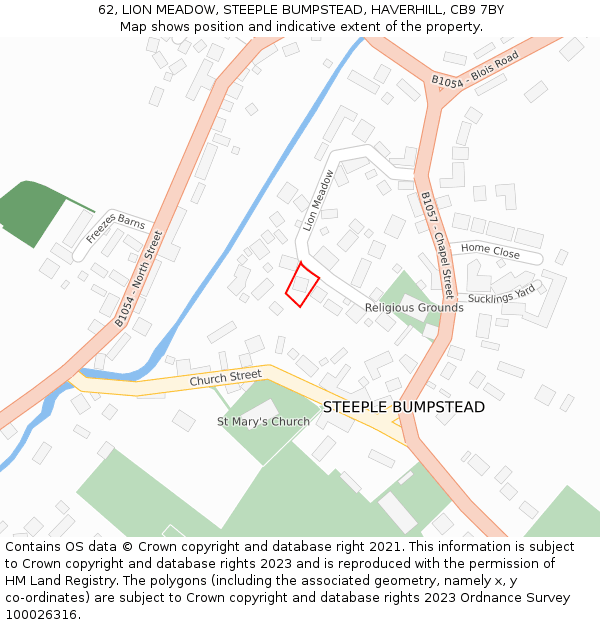 62, LION MEADOW, STEEPLE BUMPSTEAD, HAVERHILL, CB9 7BY: Location map and indicative extent of plot