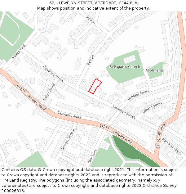 62, LLEWELYN STREET, ABERDARE, CF44 8LA: Location map and indicative extent of plot