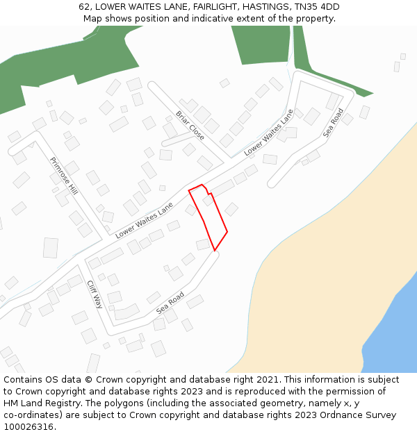 62, LOWER WAITES LANE, FAIRLIGHT, HASTINGS, TN35 4DD: Location map and indicative extent of plot