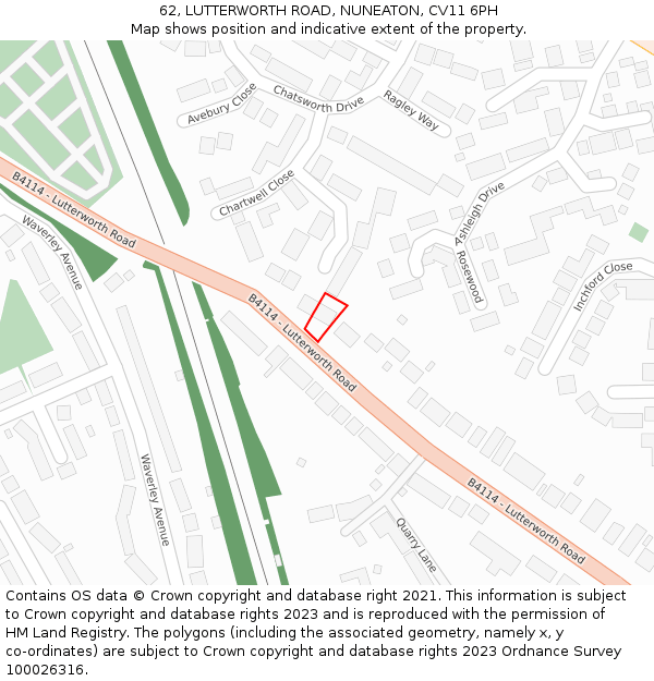 62, LUTTERWORTH ROAD, NUNEATON, CV11 6PH: Location map and indicative extent of plot