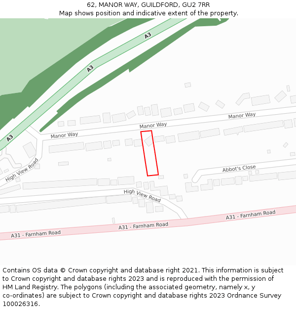 62, MANOR WAY, GUILDFORD, GU2 7RR: Location map and indicative extent of plot