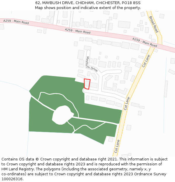 62, MAYBUSH DRIVE, CHIDHAM, CHICHESTER, PO18 8SS: Location map and indicative extent of plot
