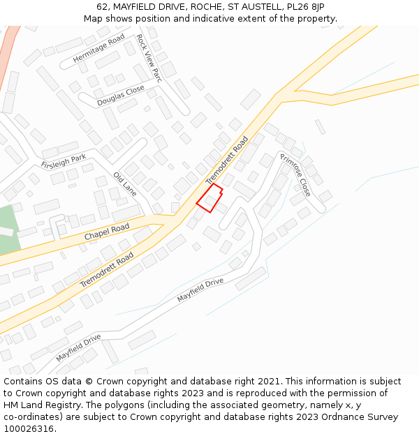 62, MAYFIELD DRIVE, ROCHE, ST AUSTELL, PL26 8JP: Location map and indicative extent of plot