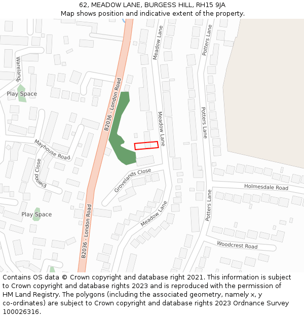 62, MEADOW LANE, BURGESS HILL, RH15 9JA: Location map and indicative extent of plot