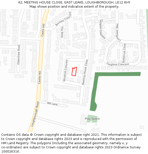 62, MEETING HOUSE CLOSE, EAST LEAKE, LOUGHBOROUGH, LE12 6HY: Location map and indicative extent of plot