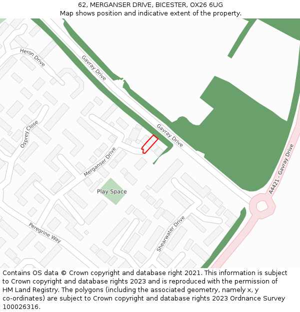 62, MERGANSER DRIVE, BICESTER, OX26 6UG: Location map and indicative extent of plot