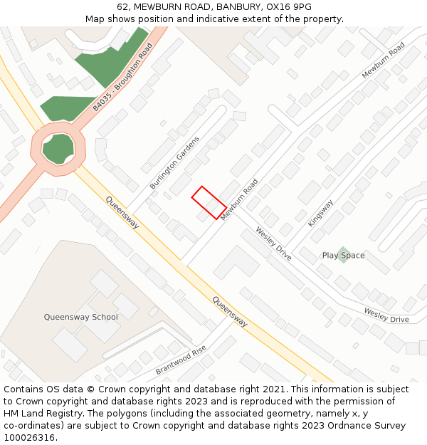 62, MEWBURN ROAD, BANBURY, OX16 9PG: Location map and indicative extent of plot