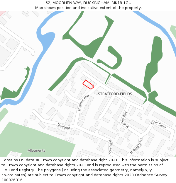 62, MOORHEN WAY, BUCKINGHAM, MK18 1GU: Location map and indicative extent of plot