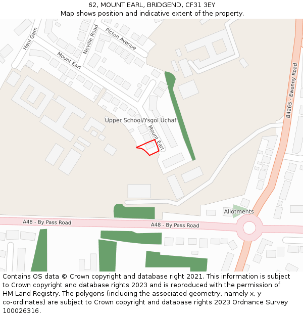 62, MOUNT EARL, BRIDGEND, CF31 3EY: Location map and indicative extent of plot