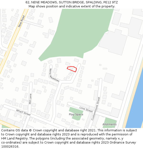 62, NENE MEADOWS, SUTTON BRIDGE, SPALDING, PE12 9TZ: Location map and indicative extent of plot