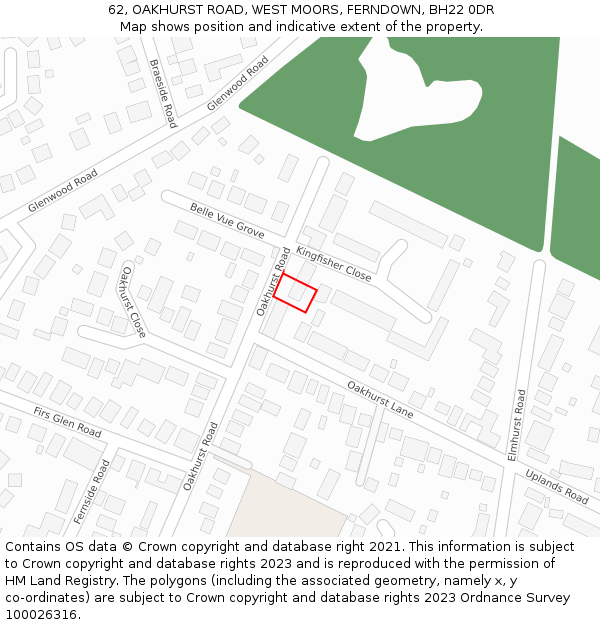 62, OAKHURST ROAD, WEST MOORS, FERNDOWN, BH22 0DR: Location map and indicative extent of plot