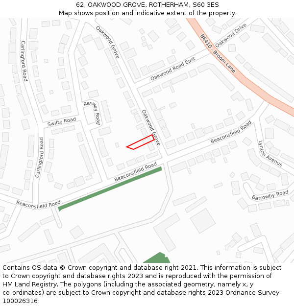 62, OAKWOOD GROVE, ROTHERHAM, S60 3ES: Location map and indicative extent of plot