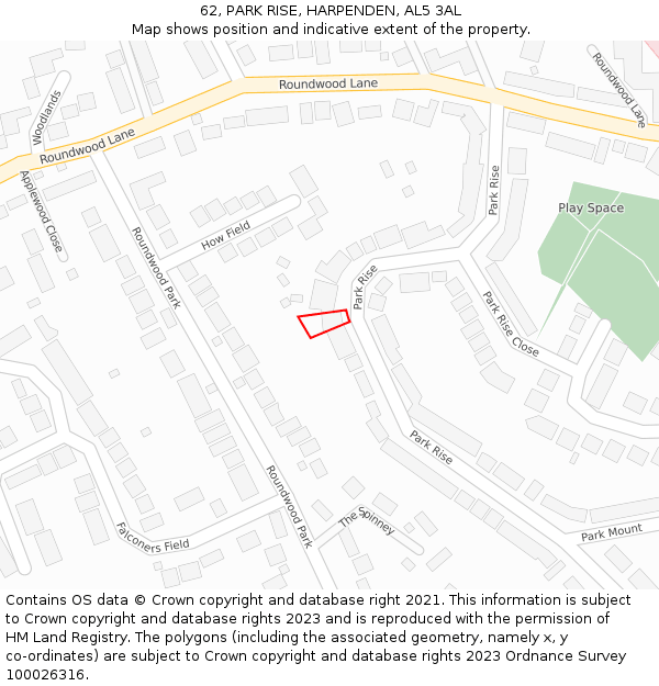 62, PARK RISE, HARPENDEN, AL5 3AL: Location map and indicative extent of plot