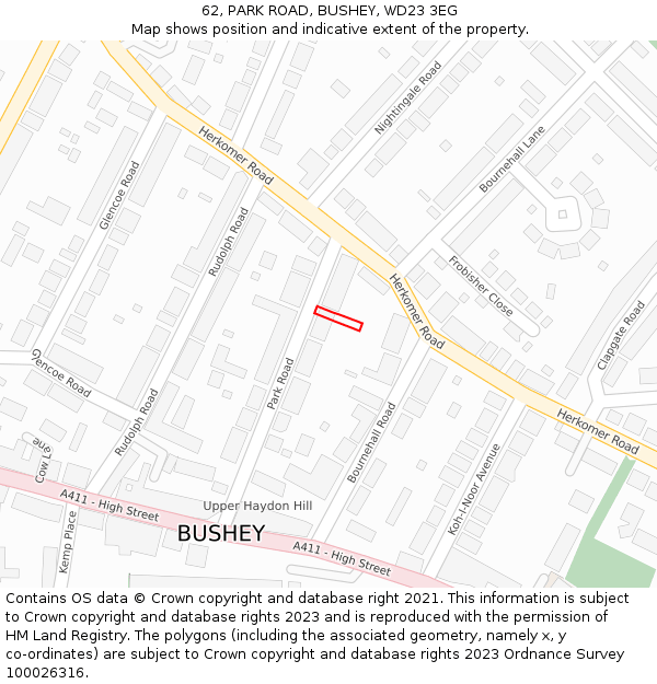 62, PARK ROAD, BUSHEY, WD23 3EG: Location map and indicative extent of plot