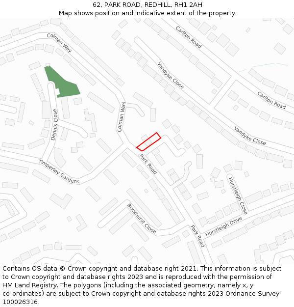 62, PARK ROAD, REDHILL, RH1 2AH: Location map and indicative extent of plot