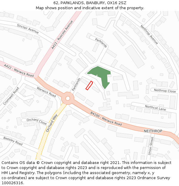 62, PARKLANDS, BANBURY, OX16 2SZ: Location map and indicative extent of plot