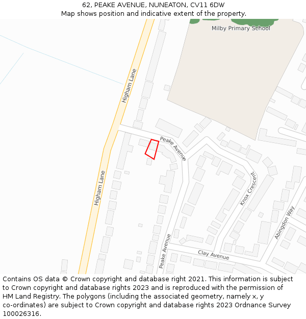 62, PEAKE AVENUE, NUNEATON, CV11 6DW: Location map and indicative extent of plot